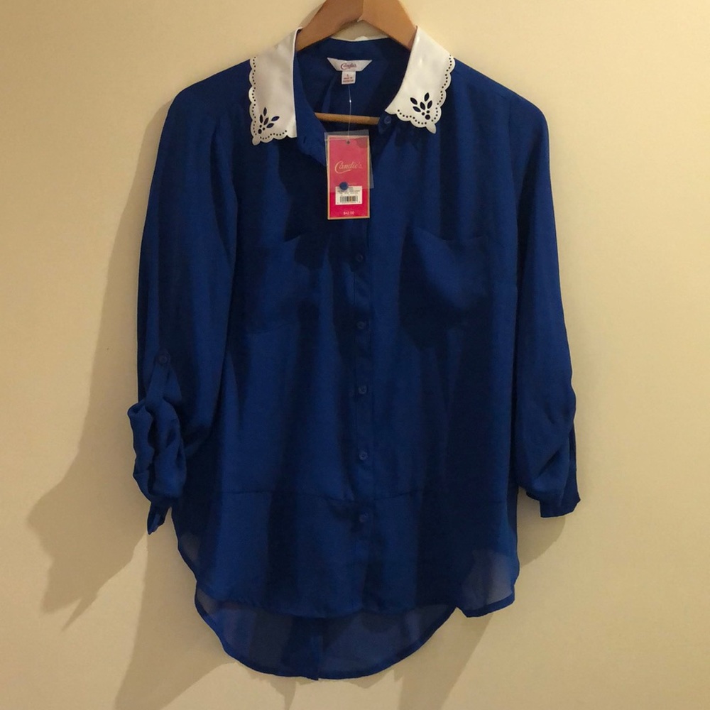 Blue Sheer Chiffon  blouse with white faux leather collar